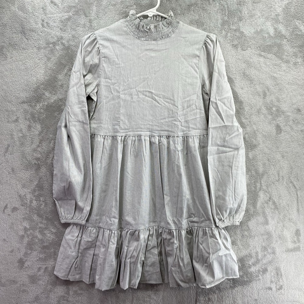 Zara Women S Gray Pinstripe Tiered Babydoll Mini Dress Long Sleeve High Neck